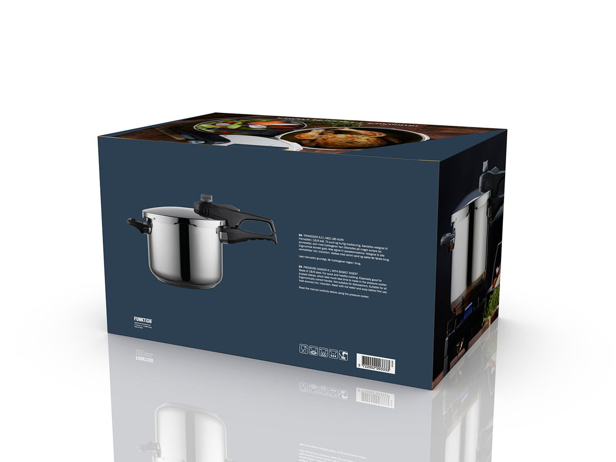 Trykkoker, 6 liter, med kurv/rist, merket Funktion
