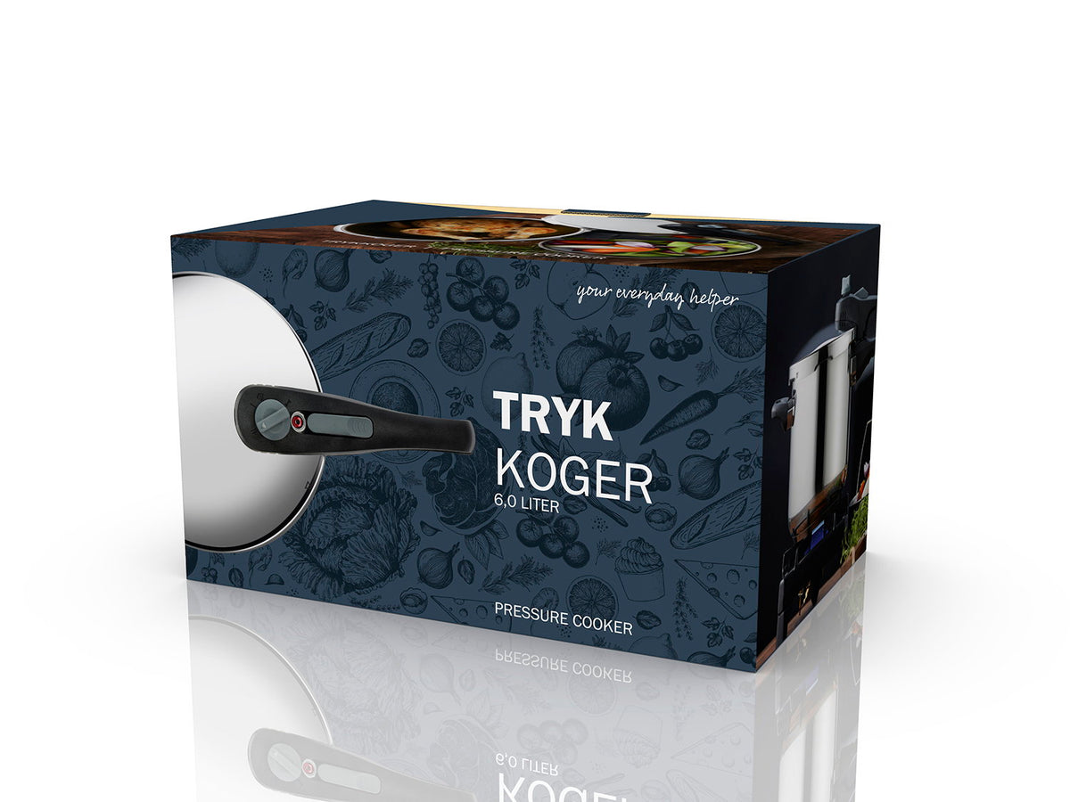 Trykkoker, 6 liter, med kurv/rist, merket Funktion