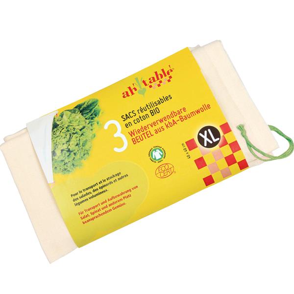 Grøntsags- og opbevaringsposer i økologisk bomuld – XL (40 × 40 cm), 3 stk.