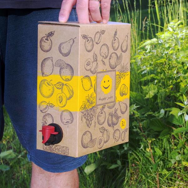 Bag-in-box (BIB) m. pose, Happy Juice, 3 liter, sæt med 1 æske og 4 poser